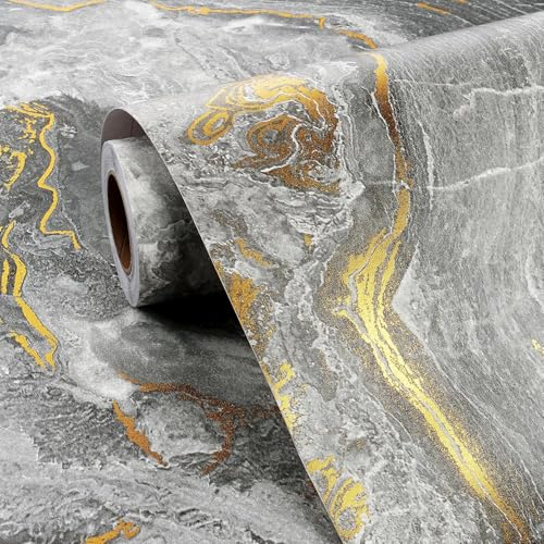 FunStick Grey and Gold Marble Wallpaper Self Adhesive Gold Marble Effect Wallpaper for Bathroom Kitchen Vinyl Wrap for Worktop Furniture Wrap Grey Sticky Back Plastic Roll 40CMx2M