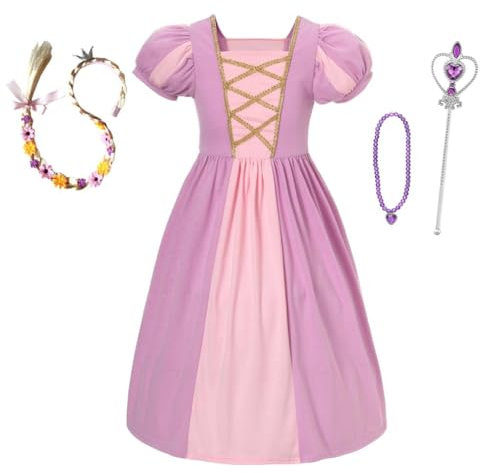 Lito Angels Prinzessin Rapunzel Kleid Kostüm Verkleidung Outfit mit Zubehör für Kinder Mädchen Größe 7-8 Jahre 128 (Tag-Nummer 130)