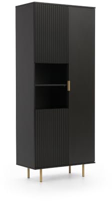 Lomadox Vitrine Regalschrank in schwarz matt, Front mit Rillenoptik, Goldfarbene Griffe und Füße