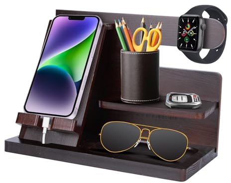 Kinberry Bedside Organiser - Universal Docking Station for Smartphones & Laptops, Black/Brown Wooden Phone Dock, Key Holder, Watch Organizer, Gift for Men