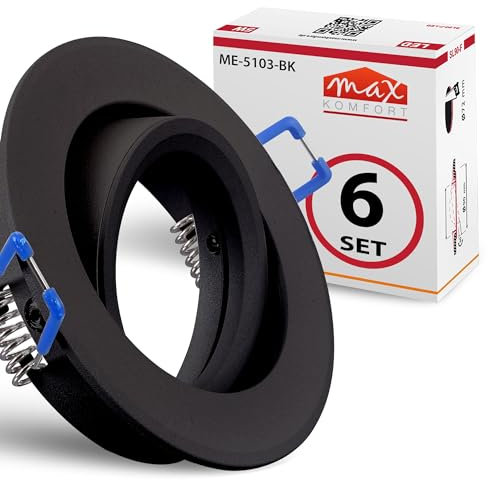 max K O M F O R T 6x Einbaustrahler Schwarz Matt 5103-BK IP20 mit GU10 Fassung, Schwenkbarer, Rund, – Rostfrei & Flexibel
