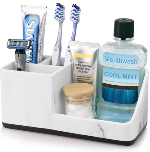 Zahnbürstenhalter für Badezimmer Organizer, Elektrische Zahnbürste Halterung mit Abflussloch, Abnehmbarer Zahnbürsten Organizer für Badezimmer, Küche und Familie (White Marble)
