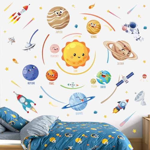 wondever Wandtattoo Weltraum Kinder Sonnensystem Wandaufkleber Planeten Astronaut Weltall Wandsticker Wanddeko für Kinderzimmer Babyzimmer Spielzimmer