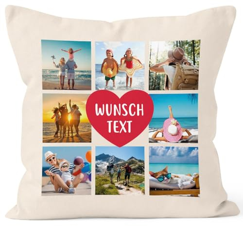 SpecialMe® Kissen-Bezug mit Foto Fotocollage bis zu 8 eigene Bilder Wunschtext Geschenk personalisierbar Baumwolle Natur Standard