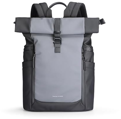 Muzee MARK RYDEN Rolltop Farbblockierung Mode Rucksack, 15-17L Casual Daypacks Herren, Fahrradrucksack männer für Freizeit Job Sport Reisen, Tagesrucksack mit 15.6 In Zoll Laptopfach - Dunkel und Grau