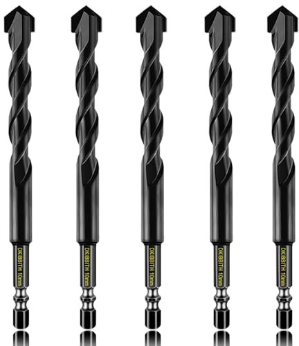 5 Pcs 10mm Masonry Drill Bits Set, Carbide Concrete Drill Bits for Brick, Stone, Concrete, Tile, Ceramic, Porcelain, Glass, Plastic, Wood and More, Quick Change 6mm Hex Shank, with Sturdy Case