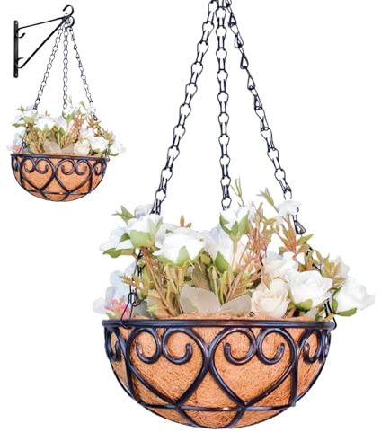 Yonuaret Hängend Blumenampel Mit Kokosfaser-Auskleidung, Runder Hängender Blumentopf, Metalldraht, Pflanzkorb Hängetopf Pflanzen Hängende Pflanzgefäße Für Drinnen Und Draußen, Garten