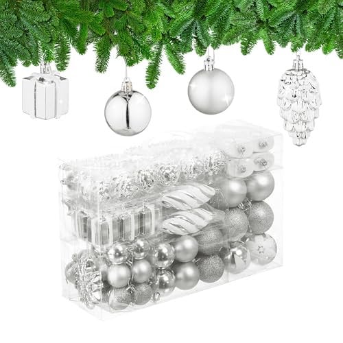 Relaxdays Weihnachtskugeln 72er Set, glitzernde, Matte & glänzende Baumkugeln, Stiefel, Herz, Zapfen, Kunststoff, Silber