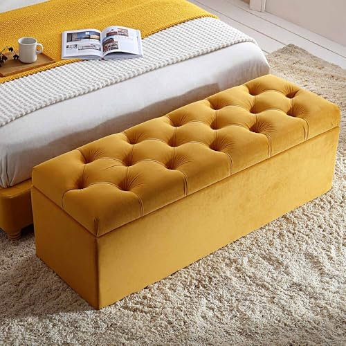 AZ Interiors Royal Furniture 120cm Wide Ottoman Storage Box, Milan Ottoman Bench with Storage, Large Velvet Upholstered Blanket Box, End of Bed Bench, Shoe Storage Bench (Mustard Gold Velvet)