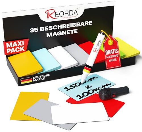Reorda® Magnetstreifen beschreibbar - 35 Stück – 10x15mm (+ Stift) | Wiederbeschreibbar, beschreibbare Magnete für Whiteboard, Kanban, Magnettafel - beschriftbare Magnete für den Kühlschrank