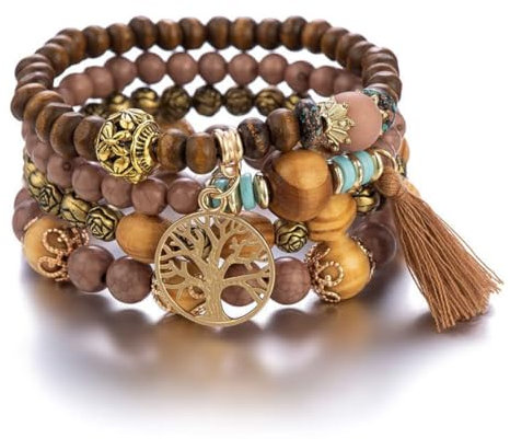 ZKGYUS Boho 4 Stück Armbänder Holzperlen Quaste Armband, Chakra Armband für Frauen, Natürliches Kristall heilsteine armband, Frauen Baum des Lebens Charm Statement Armreifen, Kristall Perle