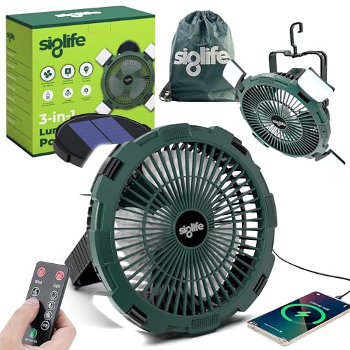 Siglife Solar Camping Fan – Camping Fan Solar Powered with Light, Remote & Power Bank – Portable Solar Fans for Tents, Hiking, Power Outage, and Emergency Use