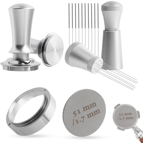 Coffee Tamper 51mm, Espresso Tamper Set with WDT Tool, 51mm Dosing Funnel, Puck Screen 51mm, Spring-Loaded Tamper Flat Stainless Steel Base Compatible with Espresso Coffee Machine