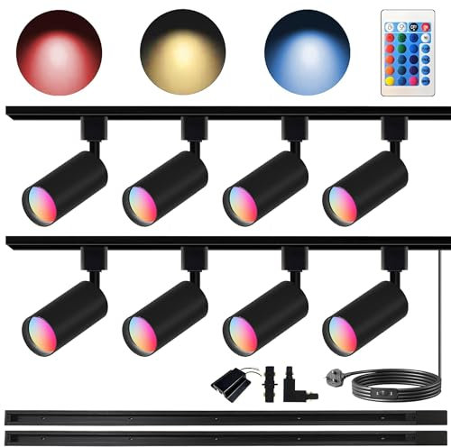 Bravsekai GU10 16-Farbe RGB-Schienenbeleuchtungsset, 8PCS Deckenstrahler mit 2x1.5M H-Typ Schiene, IR-Fernbedienung RGB-Schienenbeleuchtung für Wohnzimmer, Home-Partys, Diskotheken, Bars