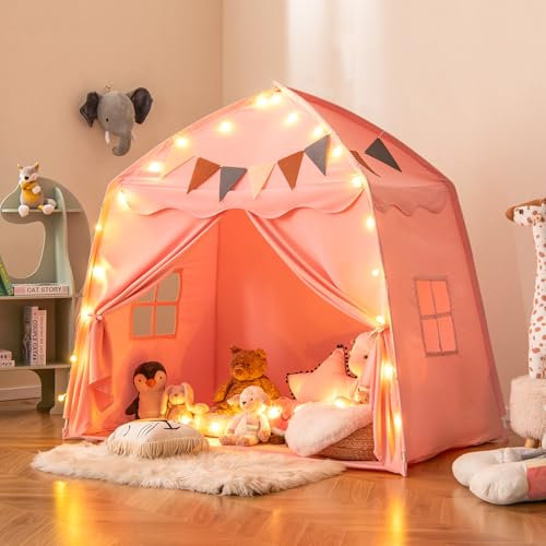 GOPLUS Grande Tente Enfant, Cabane Enfant Interieure Exterieur avec Lumières, Drapeaux, 2 Portes, 2 Fenêtres, Tente Tipi Lavable en Machine, Tente de Jeu pour Les +3 Ans (Rose)