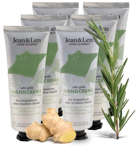 Jean & Len Sehr geile Handcreme Rosemary & Ginger, mit Urea, Handpflege für trockene & rissige Hände, spendet Feuchtigkeit & pflegt intensiv, ohne Parabene & Silikone, Handcreme Set, vegan, 6 x 75 ml