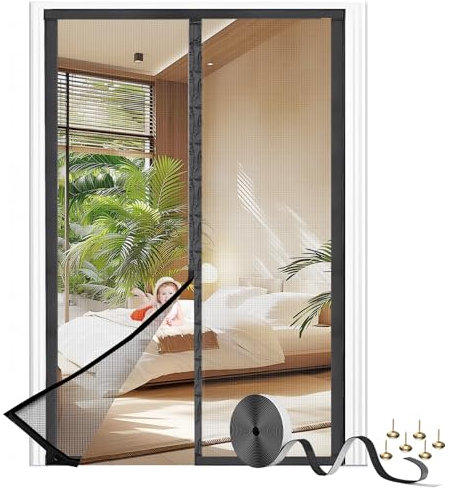 Moustiquaire Porte Fenêtre 90x210 cm - Fermeture Automatique, Magnétique Porte Anti Mouches, Maille Fine Lavable en Fibre de Verre, Bande Adhésive 3,8 cm, Noir