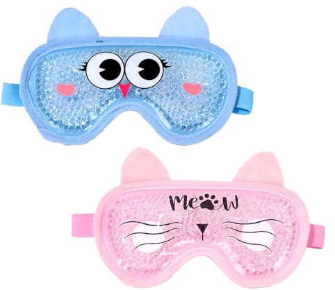 2 Pcs Cooling Eye Mask, Cooling eye mask for Puffy Eyes, Gel Reusable Hot Cold Therapy for Migraine, Headache, Dark Circles, Dry Eyes, Swollen - Blue Owl And Pink Cat