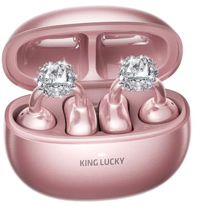 Kinglucky Stylish Open-Ear Clip-On Headphones with Detachable Earrings, Lightweight & Comfortable Fit, Fashionable Open-Ear Earbuds for Women, Ideal for Work, Running, and Daily Rose Gold (Diamond)