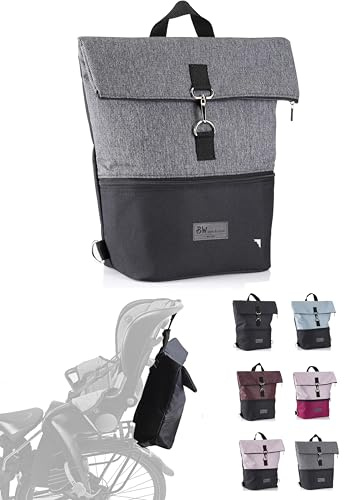 BambiniWelt by Rafael K. Fahrradtasche [Rucksack für Kinderfahrradsitz] universal kompatibel mit Römer Fahrradsitz Jockey für Radtouren mit Kind Fahrradrucksack Radtasche (schwarz-dunkelgrau)