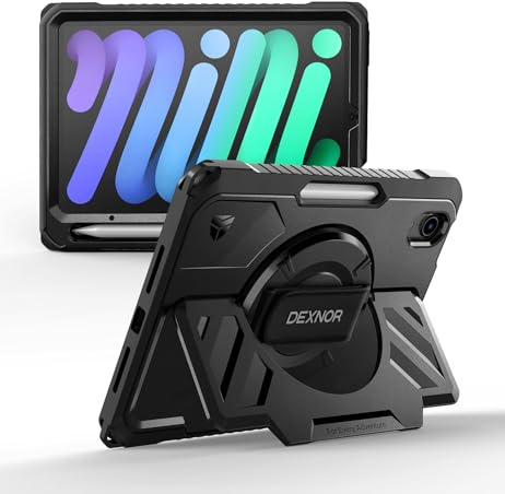 Dexnor Case for iPad mini 7 (A17 Pro) 2024/mini 6 2021 8.3 inch, Rugged Shockproof Protective Cover Bumper Case with 360° Rotatable Hand Strap & Kickstand & Screen Protector & S Pen Holde,Black