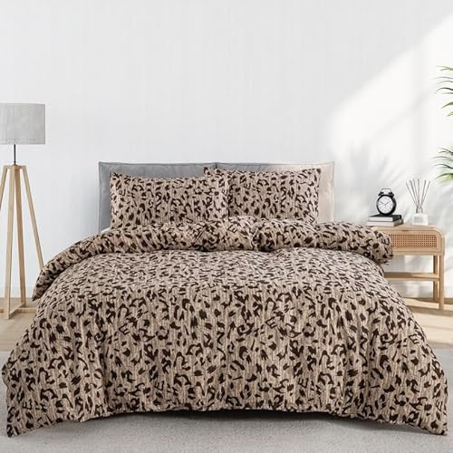 LYJKLST Bettwäsche 200x200 3teilig Bettbezug Braunes Leopardenmuster - Bettwäsche-Sets 200 x 200 cm mit 2 Kissenbezüge 80x80cm, ÖKO-TEX Bettwäsche Bedding Leopard mit Reißverschluss Braun