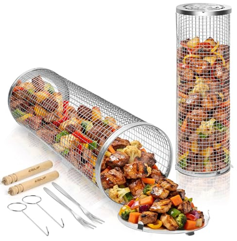 Ezilif 2PCS Rolling Grill Baskets 304 Stainless Steel with Wooden Handle | BBQ Accessories with Nesting Net, Outdoor Grill Rack for Veggies Meat Prawns, Birthday Christmas Gifts for Men Dad Husband