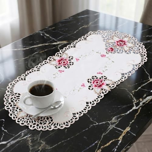 Embroidered Coffee Table Cloth 16 x 33 White Oval Embroidered Floral Table Runner Tablecloth for Home Decor
