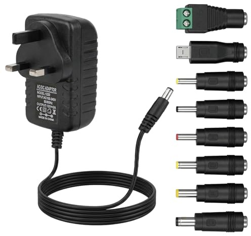 12V 2A Power Supply Adapter with 8 DC plug tips, 12 Volt AC Adapter Compatible with 2A 1.5A 1A 800mA–100mA Devices for LED Lights, CCTV Camera, Router