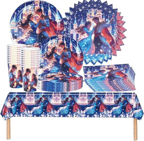 QiLumier 61 piezas Vajilla de fiesta de La princesa y el príncipe, Vajilla de cumpleaños para niños, juego de platos de papel para fiestas, vasos, servilletas y manteles.