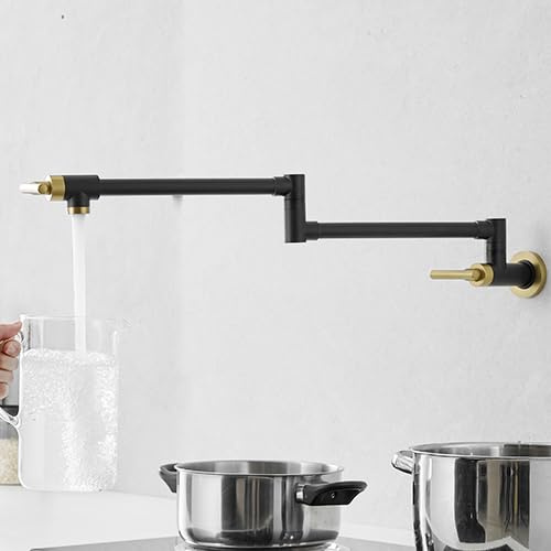 Brass Pot Filler Faucet Wall Mount Folding with Adjustable Black and Gold Finish for Kitchen Use