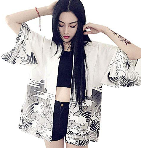 G-LIKE Japanische Kimonos Damen Kleiung - Traditionell Haori Kostüm Robe Tokio Harajuku Drachen Muster Antik Jacke Nachthemd Bademantel Nachtwäsche (Weiß)