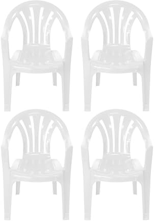 Plastic Garden Chairs - WHITE Set of 4 Chairs - Stackable with Vertical Slat Low Back Design - Indoor or Outdoor Use - Suitable for Patio, Parties, Picnics or Camping.