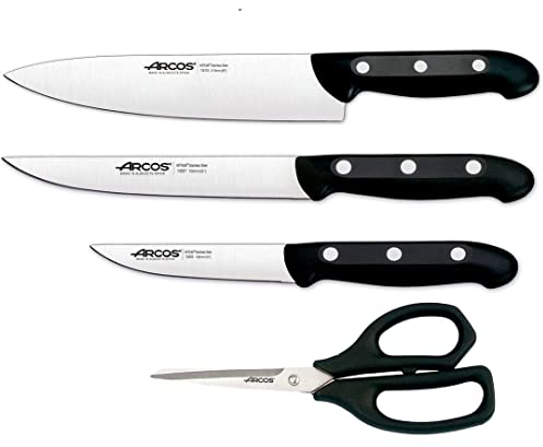 Arcos Serie Maitre - Juego Cuchillo de cocina 4 piezas, (3 cuchillos + 1 tijeras) Hoja de Acero Inoxidable NITRUM 80 mm, Mango Polipropileno Negro