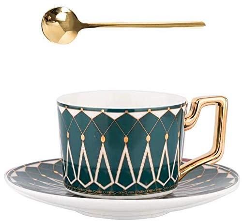 Eplze® Elegant Ceramic Teacup and Saucer Set, 8oz Coffee Cup for Afternoon Tea- Geometric Pattern (Green)