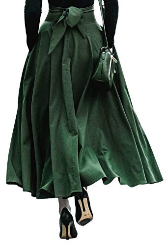 Womens High Waisted A-line Swing Maxi Skirt Solid Color Elegant Tie Front Flowy Long Skirt with Pockets Army Green(UK 16/Tag 2XL)