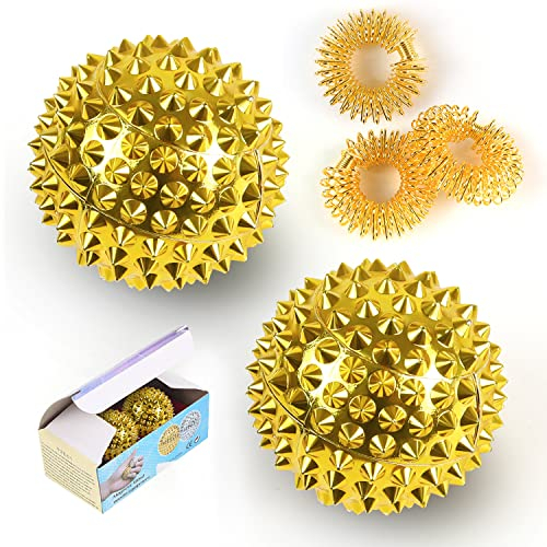 2 Stücke Magnetic Acupressure Balls &3 Stücke Massageringe für Finger Igelball Massage Small 32 mm Durchmesser Skills Borderline Set für Stress Relief oder Massage (Gold)