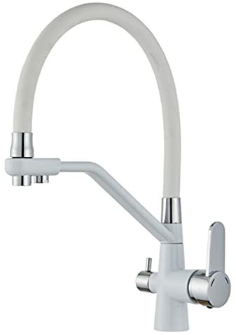Rubinetto 3 Vie Cucina Girevole Ottone Acqua Fredda e Calda Acqua Purificata 3 In 1 Rubinetto Della Cucina per Depuratore D'Acqua-Bianco
