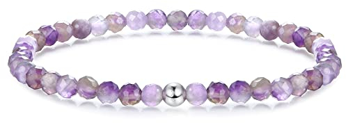 JeweBella Bracelet 4mm Perlenarmband Damen mit 925 Silber Perle Armband Rose Quartz Amethyst Obsidian Mondstein Hämatit Natürliche Edelstein Armband Damen Herren Stretch Facettierte Perlen Armbänder
