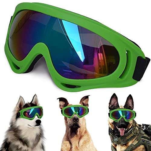 Große Hunde-Sonnenbrille mit verstellbarem Riemen, UV-Schutz, winddicht, geeignet für mittelgroße und große Hunde, Augenschutz, weiche Hundebrille (grüner Rahmen)
