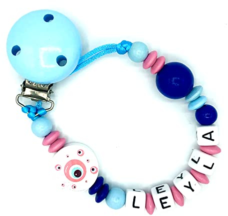 Nuckelkette mit Namen NAZAR TÜRKISCHE AUGE Babyblau Babyrosa Dunkelblau/Unisex/Personalisiert