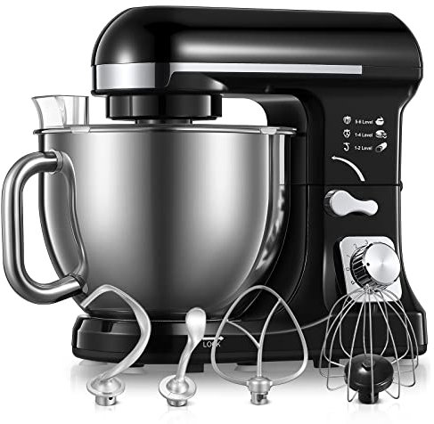 Küchenmaschine zwei knethaken, knetmaschine Leise Multifunktion, 5,5 Liter, 1000 Watt 6+P Geschwindigkeit Knetmaschine mit Schneebesen, Rührbesen & Spritzschutz, zum Backen, Kuchen, Kekse, Kneten