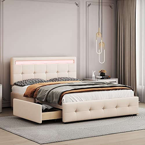 LERFAN Polsterbett 140 x 200 cm mit LED & Lattenrost & Bettkasten auf Rollen, Doppelbett mit Kopfteil & 4 Schubladen, Hautfreundliches Leinen-Oberfläche, Großer Stauraum, Beige (Ohne Matratze)