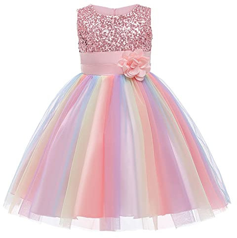 M MUNCASO Vestito da principessa da ragazza con paillettes in tulle fiore arcobaleno collo rotondo senza maniche abito da sera festa di compleanno matrimonio damigella d'onore ragazza abiti da sera