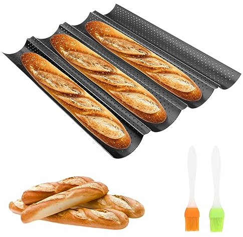 MXTIMWAN Baguette Bandeja para Hornear, Molde pan Baguette, Bandeja de Horneado para Pan para 4 Barras, Molde para Hornear de Barra de Pans Francés Antiadherente, Perforada Francés Pans