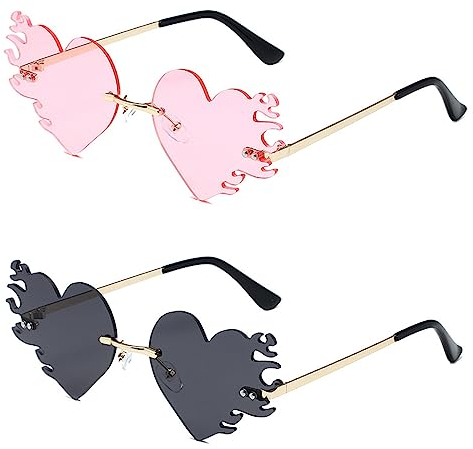 Dfuqanb 2 Stücke Sonnenbrille, Gläser Brille Herz Geformt&Flammen-Design, Herz, brille, Sonnenbrille festival, für Damen und Herren