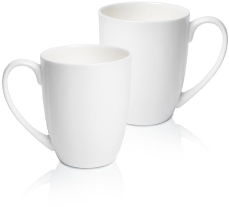COSTMANCE Plain White Fine Bone China Blank Coffee Mugs Set of 2, 11 oz | Tea Cups with Large Handle, Lightweight Ceramic Coffee Mugs, Aesthetic Coffee Cups