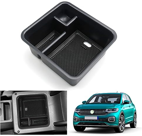 GAFAT Kompatibel mit VW T-Cross 2018-2024 2025 Mittelkonsole Aufbewahrungsbox, T Cross R-Line SE 2024 Armlehne Organizer Tray Handschuhfach, T-Cross Zubehör (Schwarz)