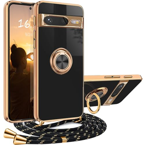 XCYYOO Funda Google Pixel 8 con Cuerda TPU Silicona Antigolpes Carcasa con Correa Colgante Ajustable Collar Correa de Cuello Cadena Cordón Funda Google Pixel 8 con 360° Anillo Soporte- Negro