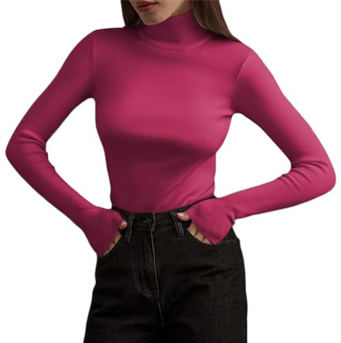 ORANDESIGNE Femme sous-Pull Basique Pull Col Roulé À Manches Longues Hiver Chaud Tricot Thermal Chic Ajusté Col Montant Confortable Basique Pullover Vintage Top Haut A Rose Rouge L
